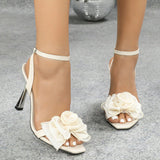 Women's Plating Heel Head Three-Dimensional Flowers Decorated Fine High Heeled Women's Shoes Apricot High Heels HZ0115