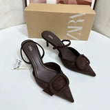 ZA Home 2025 Summer New Women's Shoes Exposed Light Sandals Brown Pointed High Heels Muller Shoes HZ0115