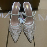ZA 2025 New New Products Sharp Head Behind The Empty Solid Color Embroidery Mesh Fine High Heel Muller Shoes 8236 HZ0115