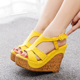 12 Cm Wood Grain Heel Slope And Fish Mouth Sandals Large-Size Slope And Water Table Hollow Sandals Female Quality Sandals HZ0115