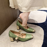 2025 Spring And Summer National Wind Square Design Fashion Shallow Casual Coarse Heel High Fashion Daily Single Shoes Women HZ0115