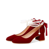Mary Jane Shoes 2025 New French Pearl Chain Bow High Heels Round Head Thick And Shallow Single Shoes HZ0115
