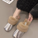 Hairy Wool Head Half Slippers Women Wear Plus Plus Velvet 2025 New Autumn And Winter Square Head Muller Plush Warm Cotton Drag HZ0115