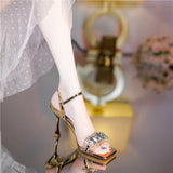 Golden Thin Heel With Water Drill Square Head Sandals Woman 2025 Summer New Fairy Wind Toe Sexy High Heels HZ0115