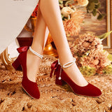 Mary Jane Shoes 2025 New French Pearl Chain Bow High Heels Round Head Thick And Shallow Single Shoes HZ0115