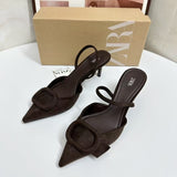 ZA Home 2025 Summer New Women's Shoes Exposed Light Sandals Brown Pointed High Heels Muller Shoes HZ0115