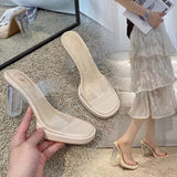 High-Hee Slippers Women 2025 Summer New One-Word Wearing Fashion Coarse And Transparent Slippers Ladies HZ0115